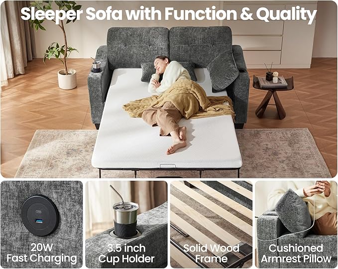 CHIC HOUSE Pull Out Sofa Bed, Full Size Sleeper Sofa, 2-in-1 Convertible Chenille Couch with USB Charging, Memory Form Couch for Living Room, Apartment & Small Space (Dark Grey, Chenille - Full)-Ruum Studio Home