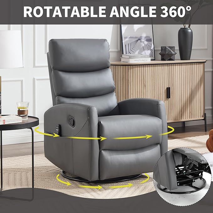 Manual Swivel Rocker Recliner Chair for Adults, Overstuffed Reclining Glider Chair for Nursing with Vibration Massage & Heat, Living Room Rocking Recliner 3-Stage backrest, Faux Leather Gray-Ruum Studio Home