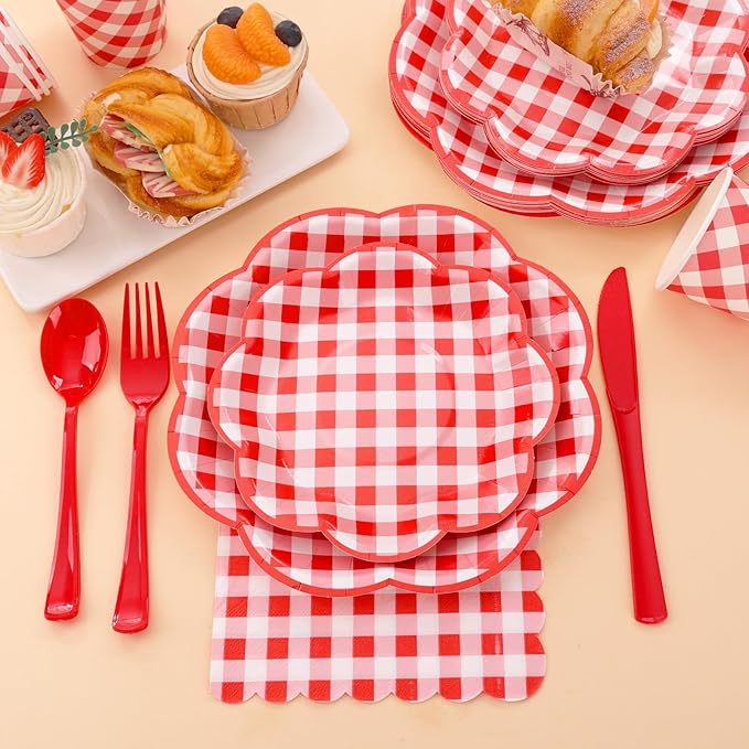350 Pcs Red Gingham Plates and Napkins Party Supplies - Red and White Checkered Plates Sets Serve 50 Guests - Scalloped Gingham Paper Plate for Birthday Picnic Wedding Christmas Party Decorations-Ruum Studio Home