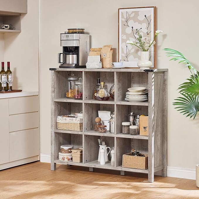 9 Cube Bookcase, Farmhouse 47 Inch Wide Grey Oak Bookshelf, Wooden 3 Tier Display Large Open Book Shelf, Vintage Horizontal Book Case for Home Office, Cubby Storage Cabinet for Living Room-Ruum Studio Home