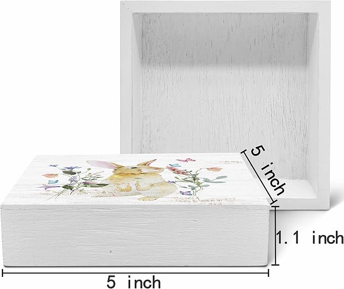 SRADMO Bunny Sign, Cute Bunny's Wood Box Sign Desk Decor, Easter Bunny Gifts for Kids, Easter Theme Wooden Block Box Sign Decoration for Home Office Shelf Table Decor-Ruum Studio Home