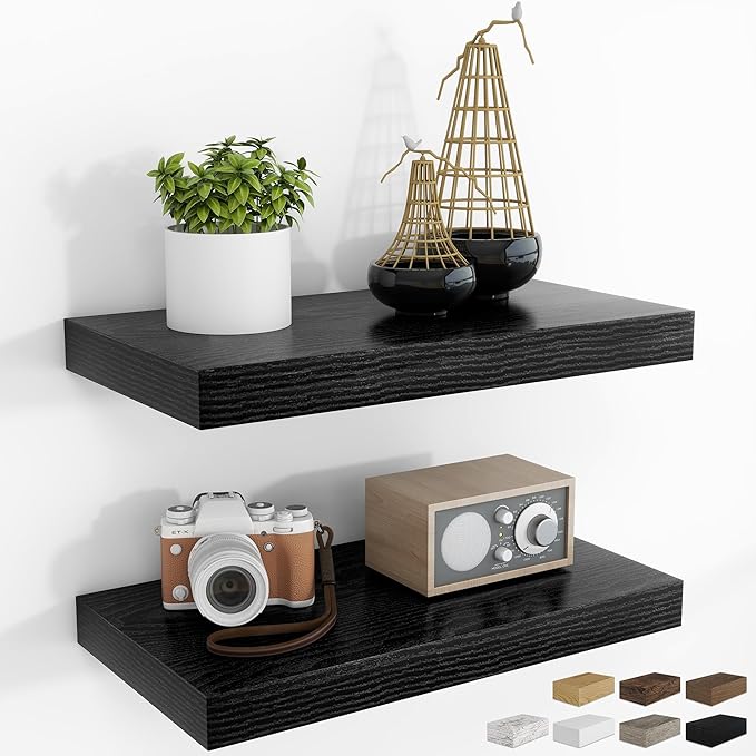 RICHFOCUS 16Inch Floating Shelves for Wall 2 Pack Shelves for Bedroom|Kitchen|Bathroom Wall Mounted Rustic Wood Floating Shelf with Invisible Brackets for Books|Storage|Decor, Black-Ruum Studio Home