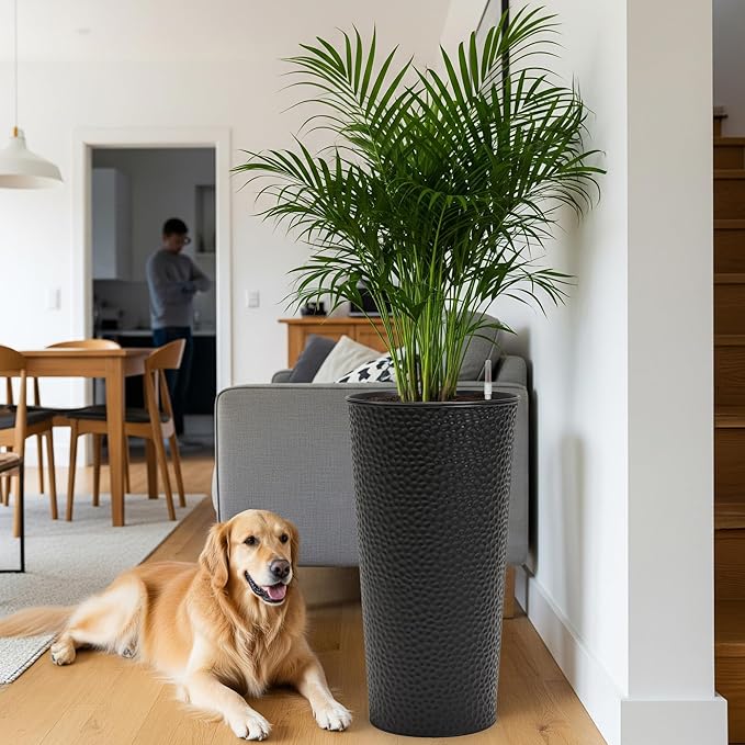 Worth Garden 2-Pack 28" H. Metal Planter with 2X Inside Pots - Hand-Hammered Texture Tall Narrow Tapered Plant Pots - Large Handcrafted Flower Pot for Indoor Outdoor, Deck, Patio, Front Porch (Black)-Ruum Studio Home