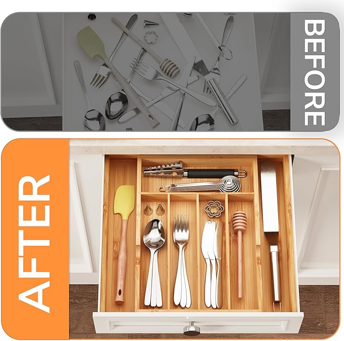BAMEOS Bamboo Expandable Drawer Organizer, 5-7 Slots Kitchen Drawer Organizer, Adjustable Cutlery Tray for Utensils, Silverware & Flatware (Natural)-Ruum Studio Home