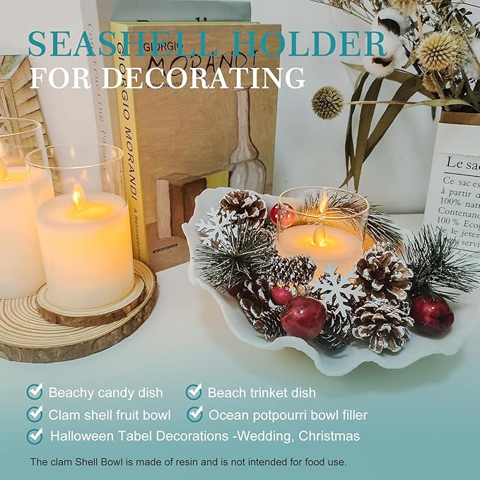 Accessoryway Large White Sea Shells Decorative Bowl Resin Clam Shell Bowl Beach Decorations for Home Coastal Beach Decor Decoration Storage Bowls & Home Office Nautical Themed Party Decor -10.2"-1PC-Ruum Studio Home