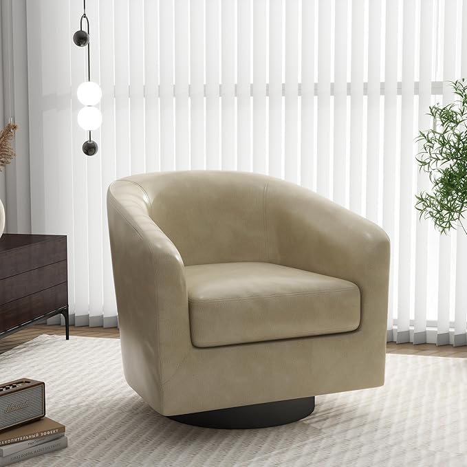Swivel Barrel Accent Chair, Modern Round Faux Leather Arm Chair for Living Room, Bedroom, Comfy Club Reading Chairs for Adults, Faux Leather, Cream, Set of 1-Ruum Studio Home