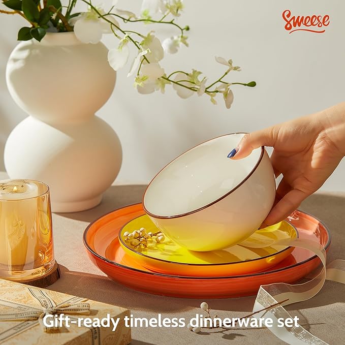 Sweese Plates and Bowls Sets, 18 Piece Dinnerware Set Porcelain Round Dinner Set for 6, Scratch Resistant Dishes Set, Dishwasher Oven Microwave Safe Handpainted Swirl Dishware Sets, Assorted Colors-Ruum Studio Home