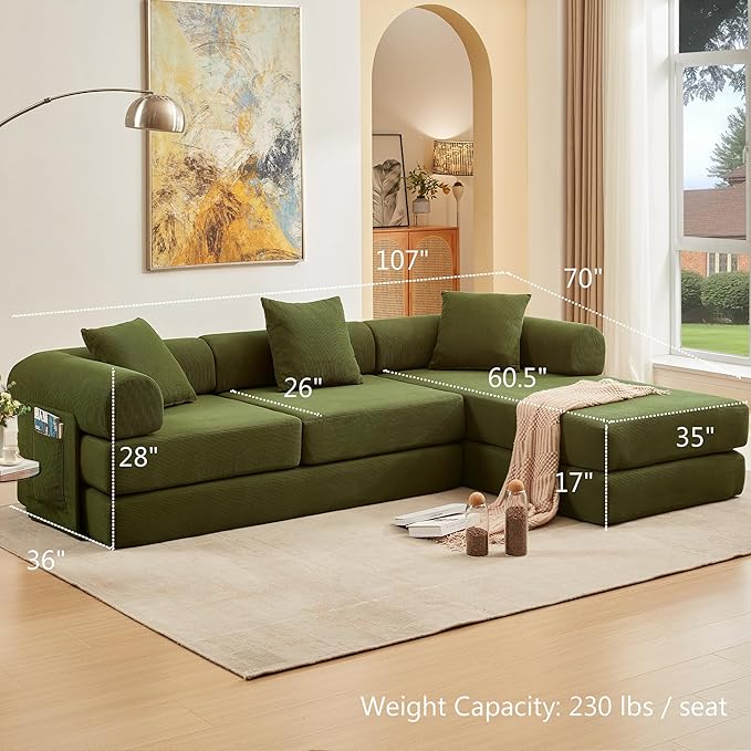 107" Oversized Convertible Sleeper Sofa Bed, Corduroy L Shape Sectional Couch, Folding Sofa Bed with Side Pocket, Modern Cloud Floor Mattress Couch, Modular Sofa for Living Room, Green-Ruum Studio Home
