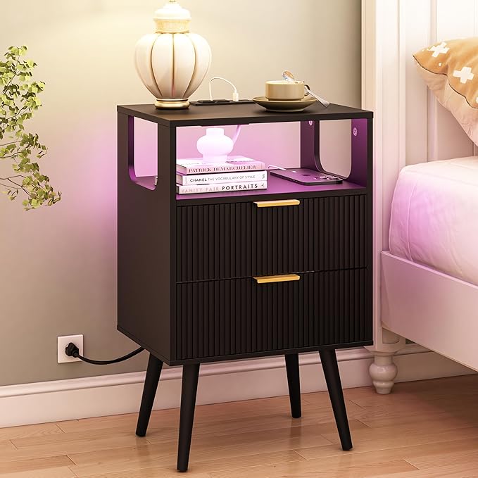 Black Nightstand with Charging Station and LED Lights,Modern Bedside Table with 2 Storage Drawer and Open Wood Shelf, for Bedroom and Small Spaces,Night Stand with Solid Wood Legs,Black-Ruum Studio Home