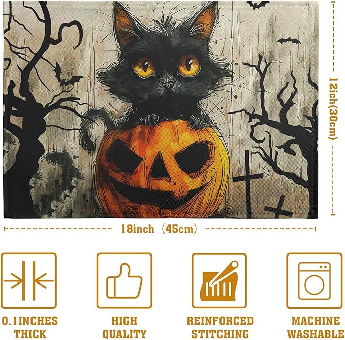 Halloween Black Cat Pumpkin 12x18 Placemats Set of 4 Happy Halloween Bat Branch Linen Table Place Mat Seasonal Fall Washable Heat Resistant Non Slip Table Placemats for Party Kitchen Dining Decor-Ruum Studio Home