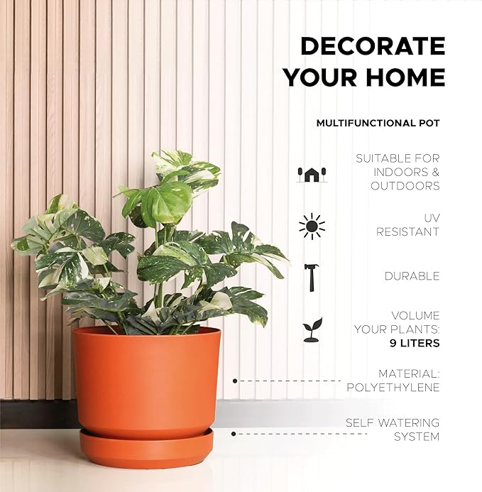 Elly Décor 10 inch Plastic Cylinder Planter Pot with Self-Watering Saucer and Drainage Hole,Lightweight & Extremely Durable, 10"x 10", Terracotta-Ruum Studio Home