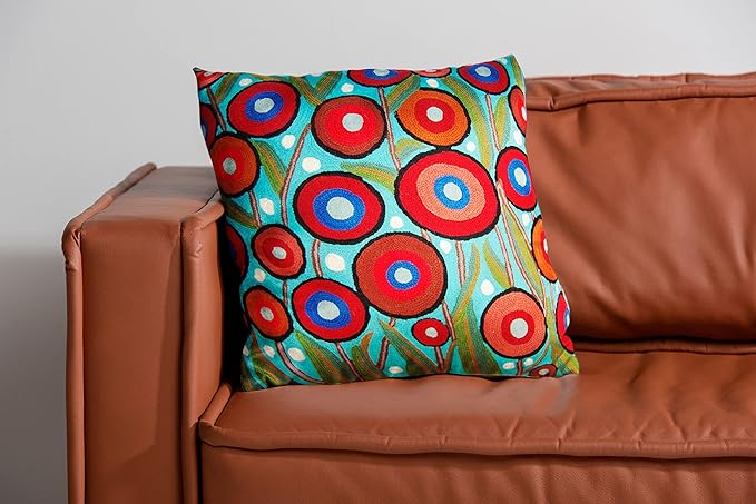 Floral Poppy Pillow Cover - Turquoise Suzani Poppies Accent Chair Cushion - 18x18 Inch Hand Embroidered Wool-Ruum Studio Home