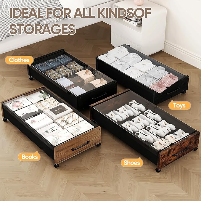 Wooden Under Bed Storage with Wheels, Rolling Under the Bed Storage Bins with Removable Lid, Metal Under Bed Drawers for Clothes and Shoes in Bedroom or Living Room(Walnut Brown-2pack)-Ruum Studio Home