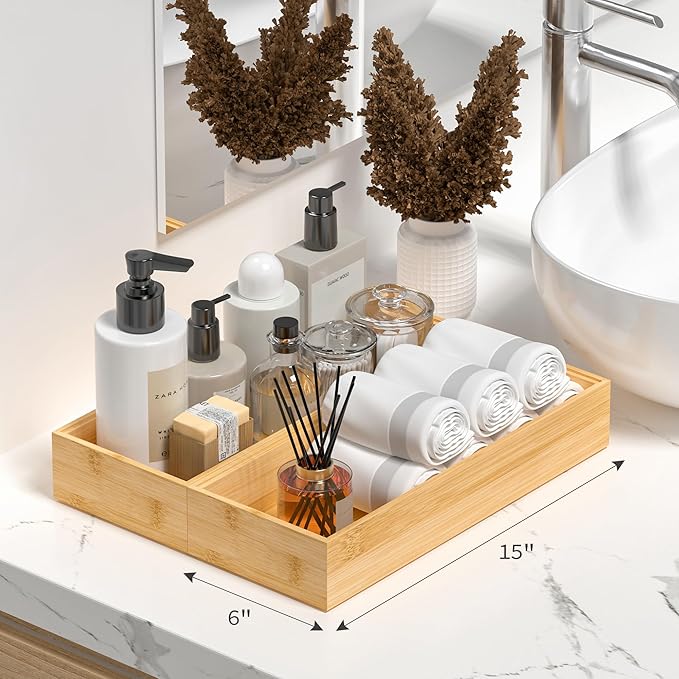 Kitchen Drawer Organizer Bins, Stackable Bamboo Deep Drawer Organizer for Silverware, Utensils, Cutlery, Flatware, Junk Drawer, Dresser, Bathroom, 15" x 6" x 2.5" (Set of 2)-Ruum Studio Home