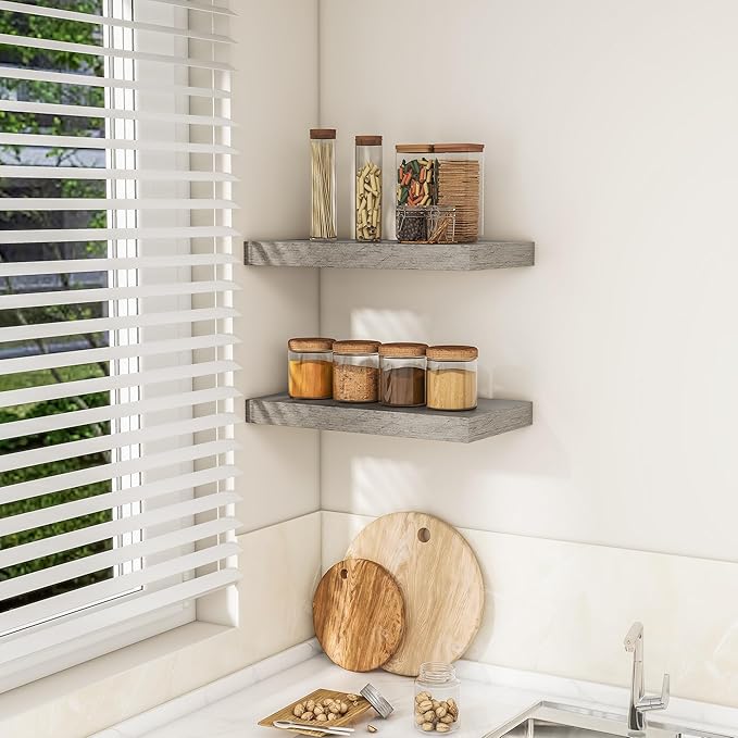 RICHFOCUS 16Inch Floating Shelves for Wall 2 Pack Shelves for Bedroom|Kitchen|Bathroom Wall Mounted Rustic Wood Floating Shelf with Invisible Brackets for Books|Storage|Decor, Grey-Ruum Studio Home