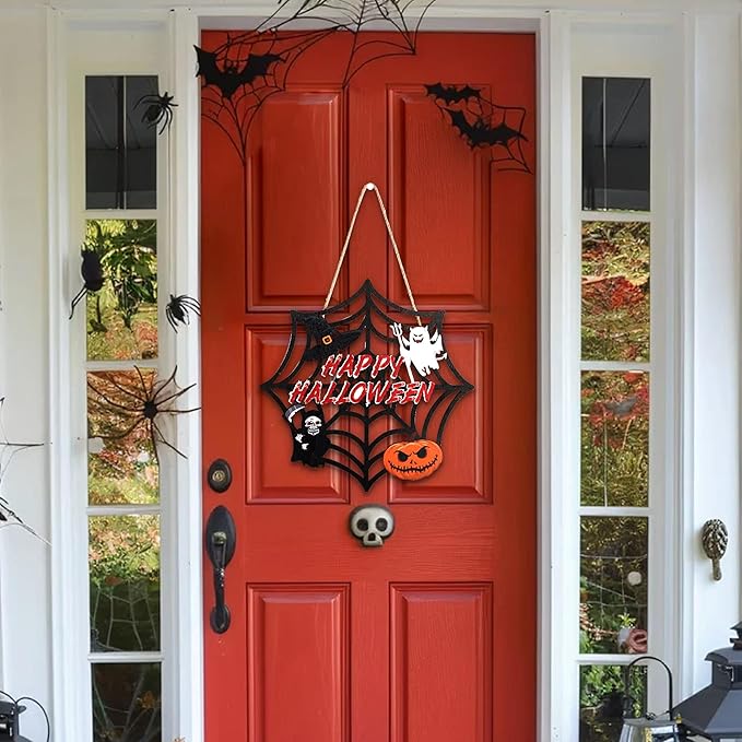 Halloween Party decorations - Welcome Sign for Front Door,Rustic Round Wood Wreaths for Outdoor Outside,Spider Web Garland Porch Ghost Decor for Party Favors Supplies | Halloween Decor for Wall Indoor-Ruum Studio Home