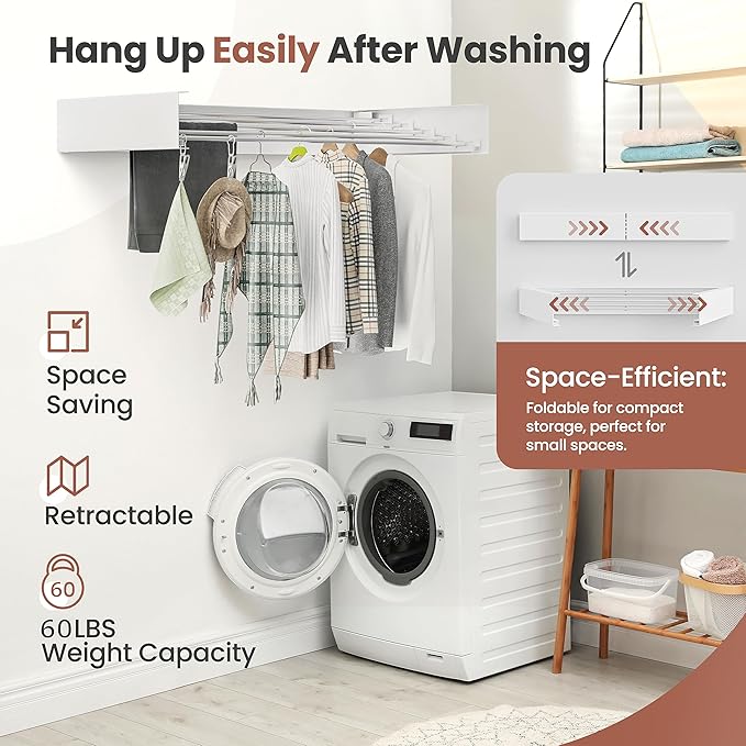 Foldable Wall-Mounted Drying Rack, Heavy-Duty 60 lb Capacity – Space-Saving Folding Laundry Hanger with 10 Clips, Rust-Proof Aluminium Clothes Dryer for Indoor & Outdoor Use-Ruum Studio Home