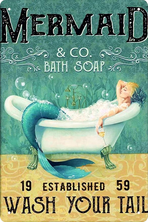 Mermaid Decor Gifts Funny Bathroom Decor Wall Art Coffee Bar Vintage Metal Tin Sign - Wash Your Tail - Office Home Toilet Signs Wall Decor Pictures 8 X 12 Inch-Ruum Studio Home