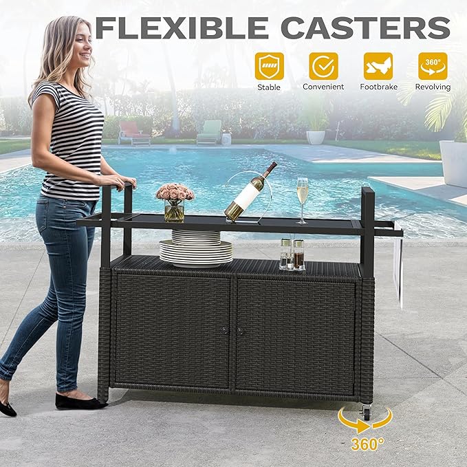 DWVO Patio Bar Table,Outdoor Kitchen Island with Glass Top,Rattan Patio Storage Cabinet with Wheels,Bar Cart for Poolside and Backyard,Black-Ruum Studio Home