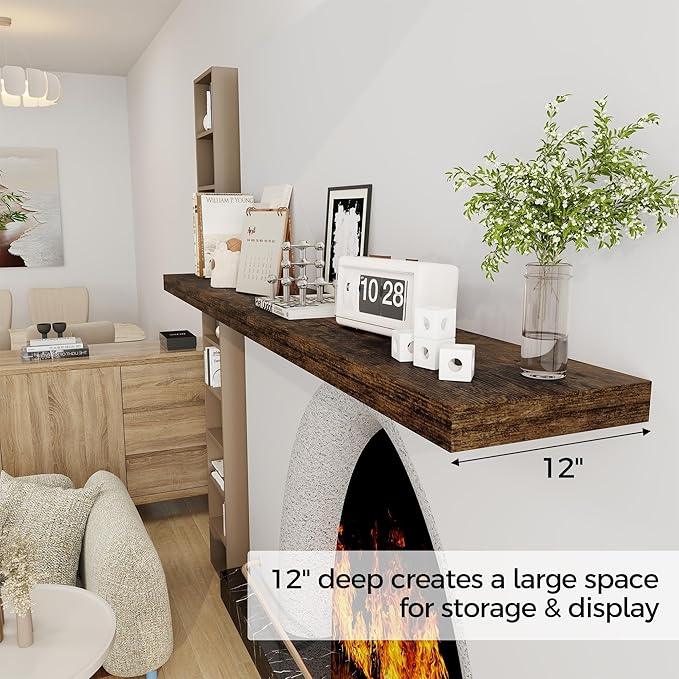 Fun Memories 72 Inch Floating Shelf, 12 Inch Deep Wall Shelf for Fireplace Mantel, Deep Storage Shelves for Home & Office, Wall Shelves with Invisible Bracket, Rustic Brown, Set of 1-Ruum Studio Home