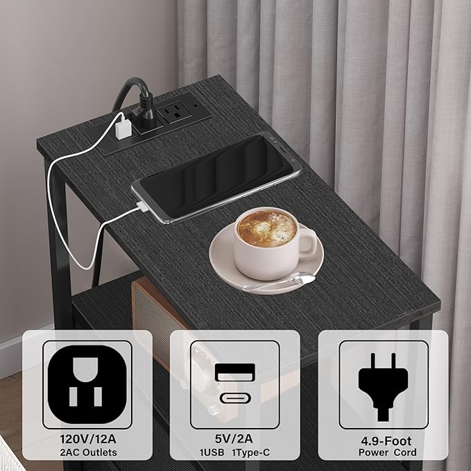 TUTOTAK Small Narrow LED End Table with Charging Station, Side Table Outlets, Nightstand with 2 Cloth Drawers, Couch Table, for Living Room, Bedroom, Bedside, Black TB01BK085L-Ruum Studio Home