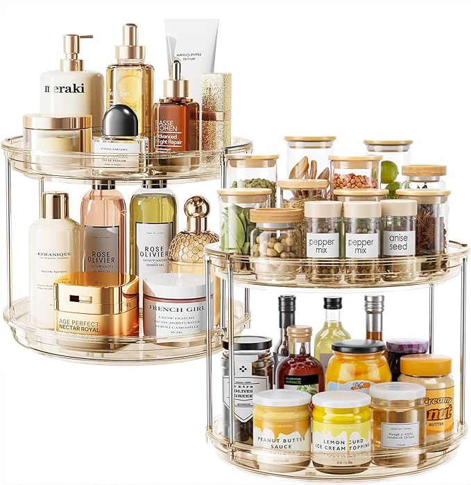LAMU 2 Pack 2 Tier Lazy Susan Turntable Organizer 10.6'' Rotating Spice Rack Organization for Cabinet, Kitchen, Pantry, Countertop, Bathroom, Vanity, Medicine Cabinet Organizer, Amber-Ruum Studio Home