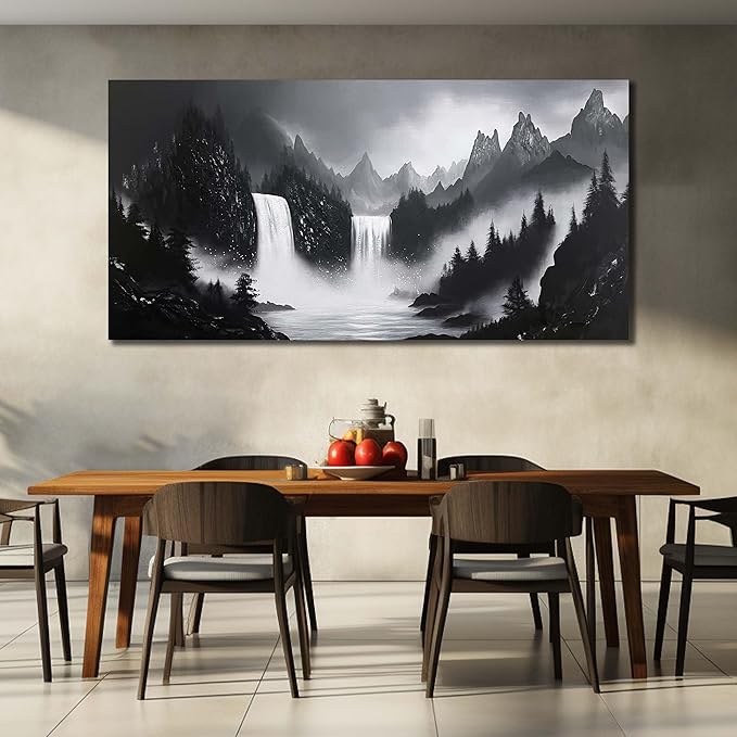 Mountain Hand Painting Wall Decor For Living Room - Extra Large Waterfall Pictures Wall Art For Office - Landscape Canvas Wall Art For Bedroom Size 36 x 72 Inch-Ruum Studio Home