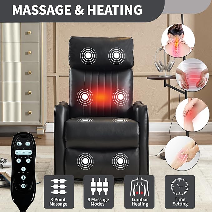 Manual Swivel Rocker Recliner Chair for Adults, Overstuffed Reclining Glider Chair for Nursing with Vibration Massage & Heat, Living Room Rocking Recliner 2-Stage backrest, Faux Leather Black-Ruum Studio Home