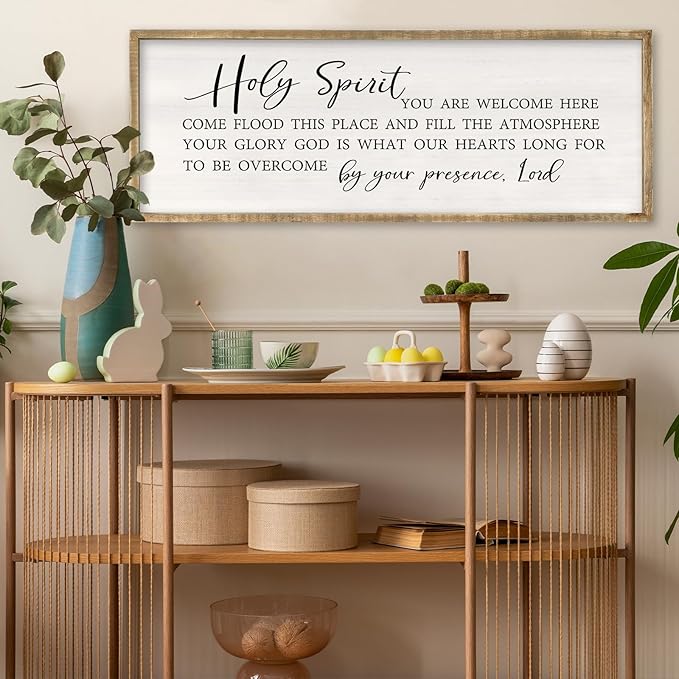 Holy Spirit You are Welcome Here Wall Decor Art 40x15 Inch Large Christian Song Bible Verse Plaque Wood Framed Sign Living Room Scripture Quote Religious For Office Wall Hanging (Wood)-Ruum Studio Home