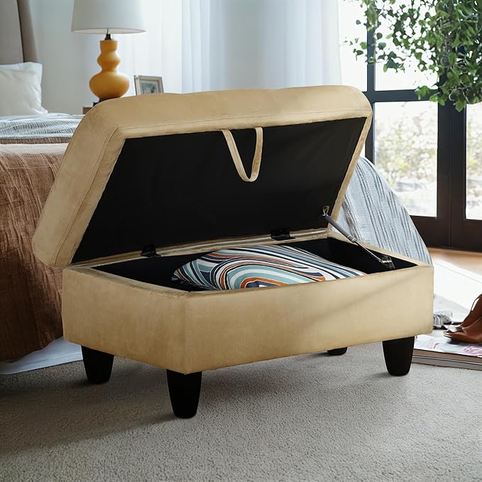 Ottoman Rectangular Storage Ottoman Bench, Flannel Footrest Stool Footstool with Lid for Living Room, Bedroom, Entryway, Light Brown, 28.5"x19"x17.5"-Ruum Studio Home
