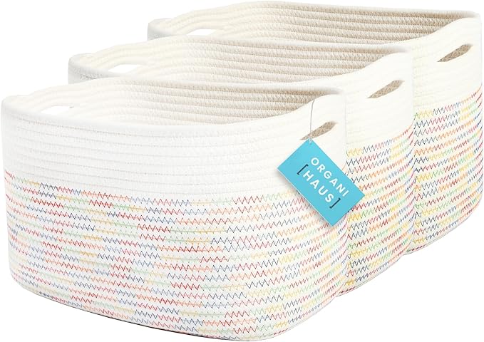 OrganiHaus Set of 3 Woven Storage Baskets for Organizing, Cotton Rope Organizer Bins for Shelves, Closet & Nursery, Dog Toy Basket, Decorative Bins for Toys, Towels & Books - 15x10x9, Rainbow Stitches-Ruum Studio Home