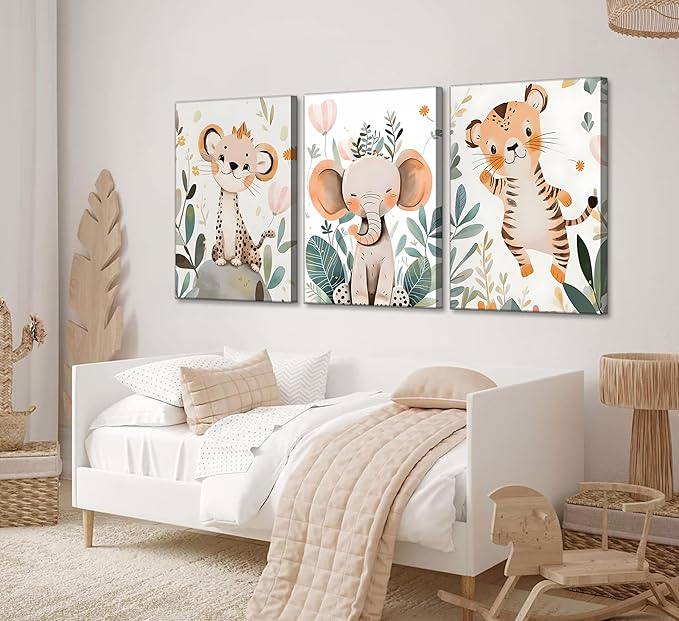 3 Pcs Safari Animals Nursery Canvas Wall Art Jungle Animals Cheetah Elephant Tiger Kids Room Illustration Pictures Wall Decor Posters Print Artwork for Classroom Boy's Girl's Room Bedroom-Ruum Studio Home