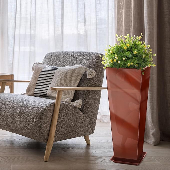KOL 28''H. Tall Galvanized Steel Glazed Planter with Saucer, Set of 2, Planter Pots with Insert for Indoor & Outdoor Use, Decorative Flower Plant Pots for Front Porch, Patio, Deck - Reddish Brown-Ruum Studio Home