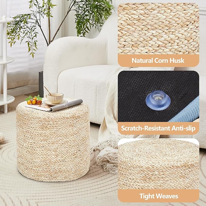 Wimarsbon 18'' Ottoman Pouf, Natural Braided Poof, Rustic Handweave Lounge Pouffe, Boho Footrest Stool for Bedroom, Accent Table or Seat for Living Room (Natural Corn Husk)-Ruum Studio Home