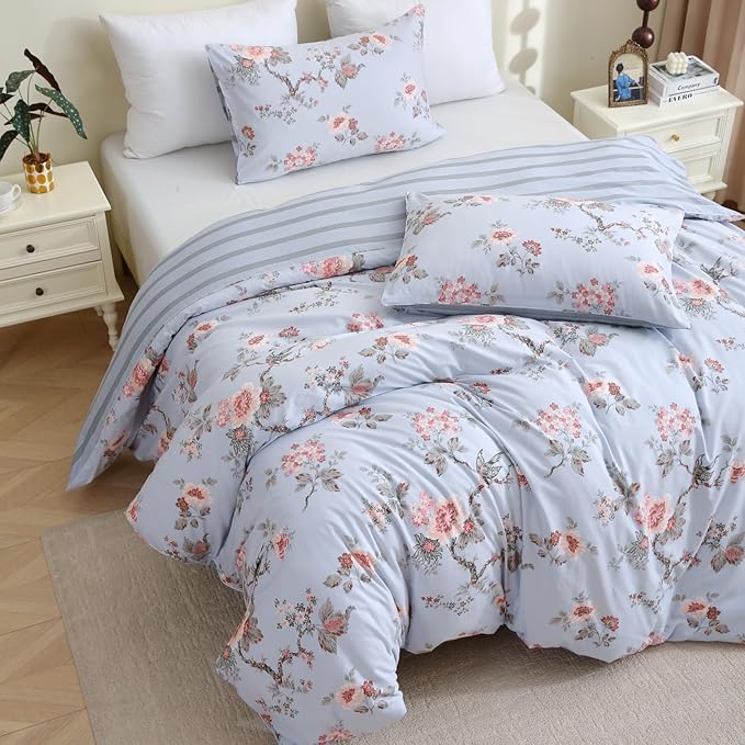 ABREEZE Floral Duvet Cover Queen Size Set Bird Flowers Bedding Set 100% Brushed Cotton Bedding Collection 1 Duvet Cover with 2 Pillowcases Grey-Ruum Studio Home