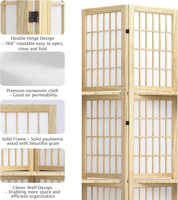 5.6FT Room Divider and Folding Portable Partition Screen, Chinese Japanese Shoji Style with Three Display Shelves for Room Separation - 4 Panel (Natural)-Ruum Studio Home