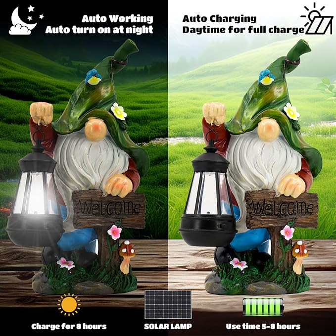 Garden Gnome Statue, Resin Figurine with Bright Solar Lantern Lights and Welcome Sign, Outdoor Solar-Powered Illumination Yard Art Decorations for Indoor Outdoor Patio Lawn Garden Room-Ruum Studio Home