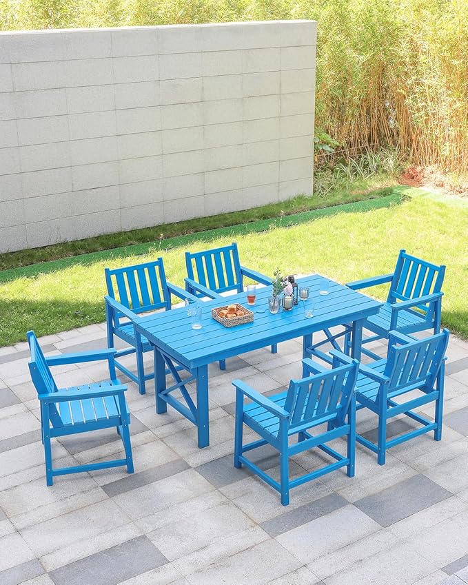 HDPE Outdoor Dining Table, 66.9” Rectangle Patio Dining Table for 6, All-Weather HDPE Outdoor Table with 2.2” Umbrella Hole, HDPE Patio Furniture for Deck, Backyard, Garden, Pool, Sky Blue-Ruum Studio Home
