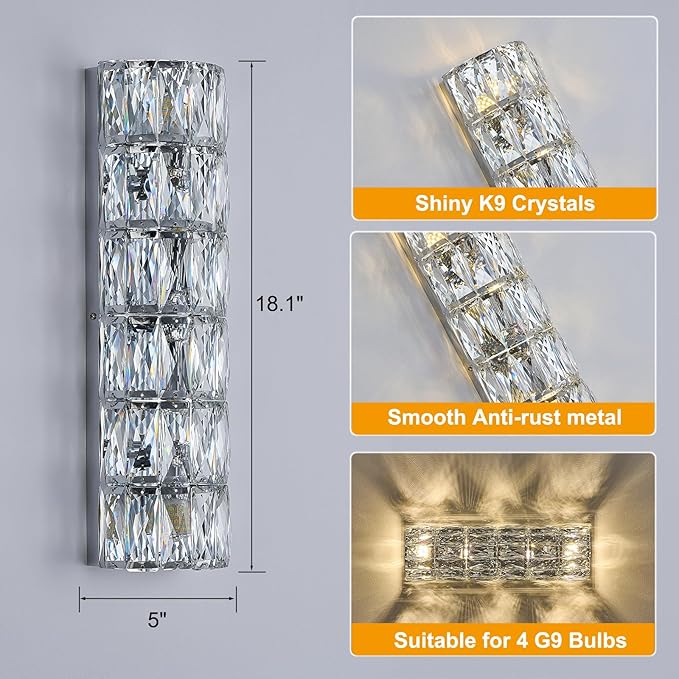 6 Layer Chrome Crystal Wall Sconce, Modern Wall Lamp Light Fixture for Bathroom Vanity, Stairway, Kitchen, Living Room, Bedroom, Hallway-Ruum Studio Home