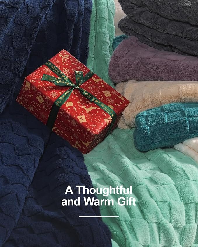Pawque Super Soft Cozy Throw Blanket King Size for Couch Bed, Fluffy Sherpa Fleece Reversible Thick Warm Fuzzy Blanket for All-Season, 3D Checkered Jacquard Decorative Blankets, Navy Blue, 108"x90"-Ruum Studio Home