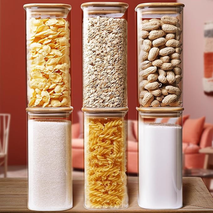 Square Glass Jars with Bamboo Lids 30 FL OZ [Set of 6], Glass Canisters with Airtight Lid, Glass Food Storage Container for Pasta, Flour, Sugar, Rice, Best for Kitchen & Pantry-Ruum Studio Home