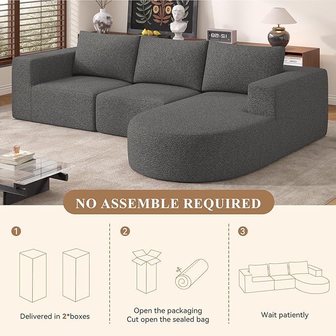 Modular Sectional Sofa with L-Shape Chaise,Cloud Sectional Modern Sleeper Couch with Deep Seat,Sponge Compression Sofas No Assembly Required(Gray-Corduroy Fabric) 1PCS-Ruum Studio Home