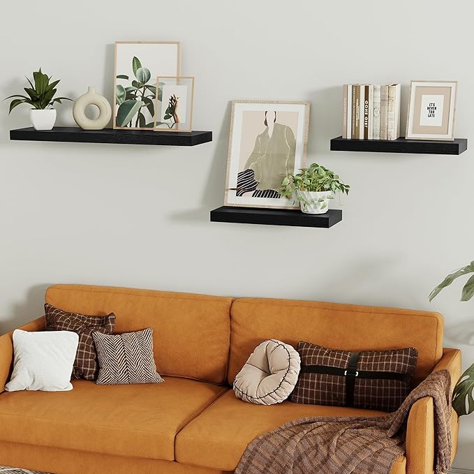 Black Floating Shelves for Wall, 16 inchs x 6.7” deep x 1.4” Wall Shelf for Bathroom Bedroom, Living Room, Kitchen, Office Home Decor, Narrow Wood Shelves with Invisible Brackets Set of 2-Ruum Studio Home