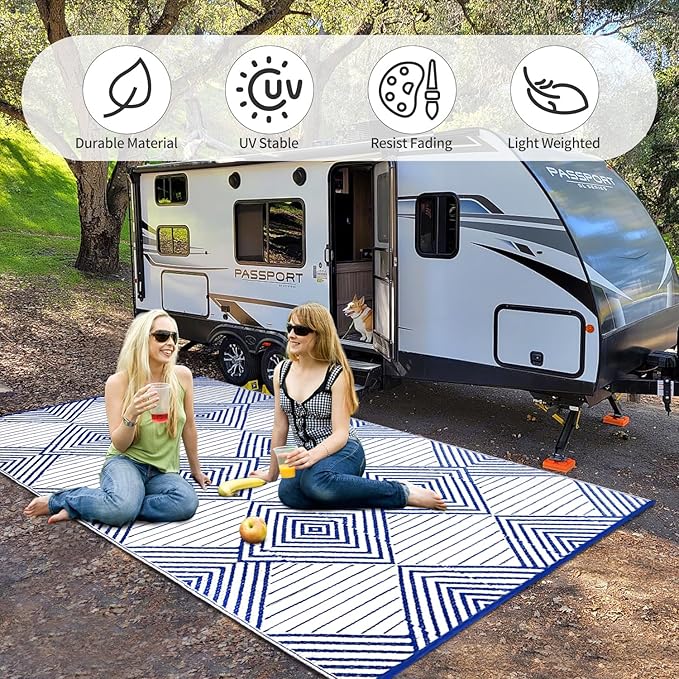 Waterproof Outdoor Rug 6x9ft, Foldable Reversible Plastic Straw Mat for Patio RV Deck Porch Backyard Balcony Camping Picnic Beach Indoor Outdoor Carpet, Blue&White-Ruum Studio Home