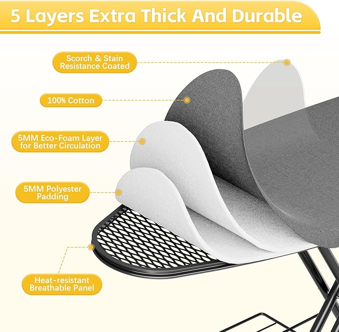 Full Size Ironing Board, 18x51 Iron Board with Metal Panel Stretchable Iron Rest, Adjustable Height Heavy Duty Heat & Scorch Resistant Cover Ironing Board, for Home, Laundry, Black-Ruum Studio Home