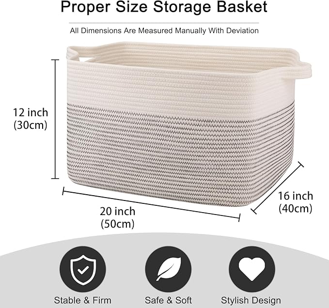 OIAHOMY 65L Blanket Basket, Cotton Rope Woven Blanket storage for Living Room, Rectangle Woven Baskets for Storage, 20''×16''×12'', Black and White-Ruum Studio Home