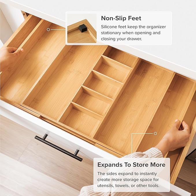 Adjustable Kitchen Drawer Organizer for Utensils and Junk, Food-Safe Contract Grade with 100% Sustainable Wood, Expandable from 19 to 33 Inches Wide - Natural Bamboo-Ruum Studio Home