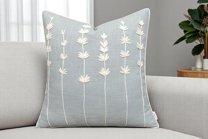 VAGMINE Hand Embroidered Daisy Accent Throw Pillow Cover - 20x20 Inches Square - 100% Cotton Robins Egg Decorative Cushion Cover for Couch, Sofa, Chair - Textured Embroidery - Boho Floral Home Décor-Ruum Studio Home