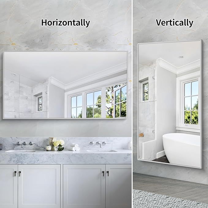 30x55In Silver Bathroom Mirror for Wall, Brushed Nickel Rectangle Mirrors with Metal Frame, Bathroom Rectangular Mirror Modern Wall Mirror for Bedroom Living Room, Hangs Horizontal or Vertical-Ruum Studio Home
