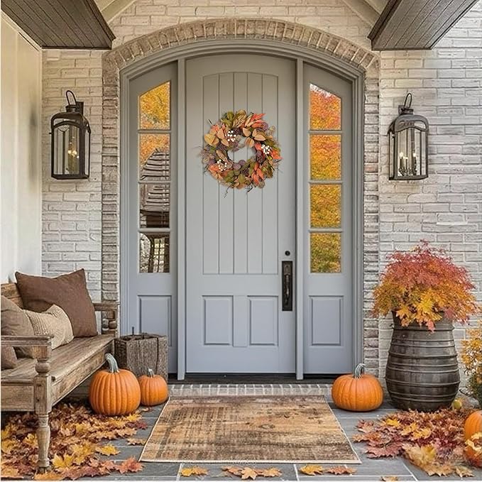 24" Fall Wreath for Front Door Handmade with Artificial Autumn Leaves, Natural Pinecones, Faux Berries and Wheat, Autumn Harvest Wreath Decoration for Home Farmhouse Door Wall Window Porch-Ruum Studio Home